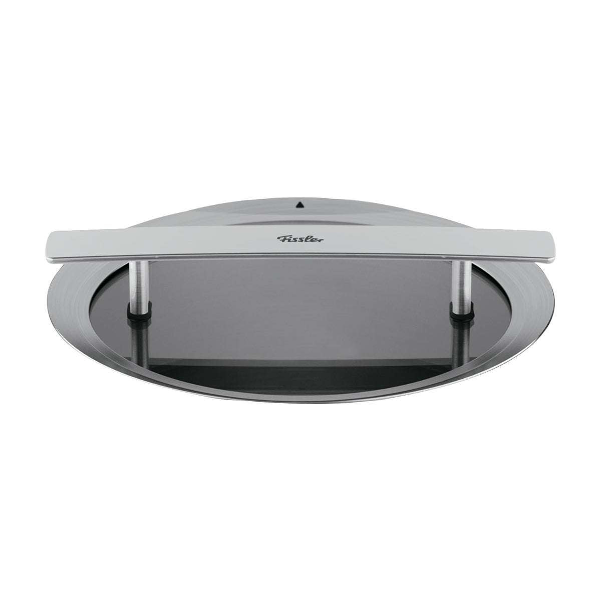Fissler Phi Collection® 24 cm Glasdeckel mit strapazierfähigem Edelstahl und flachem Griff; Draufsicht auf weißem Hintergrund – hochwertiges deutsches Kochgeschirr.