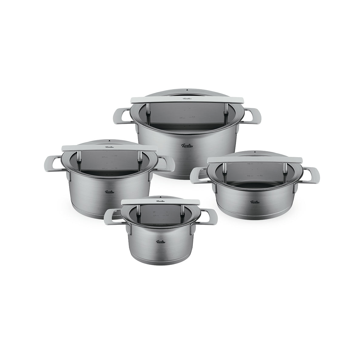 Fissler Phi Collection® 4-teiliges Edelstahl-Topfset mit Glasdeckeln, präzise in Deutschland gefertigt, zeitlos und langlebig.