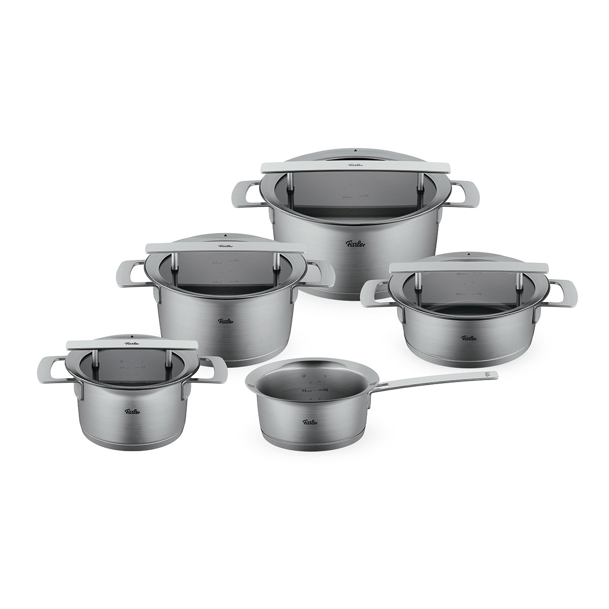 Fissler Phi Collection® 5-teiliges Topfset aus Edelstahl mit Glasdeckeln, Präzisionsfertigung in Deutschland, kultige Qualität seit 1845.