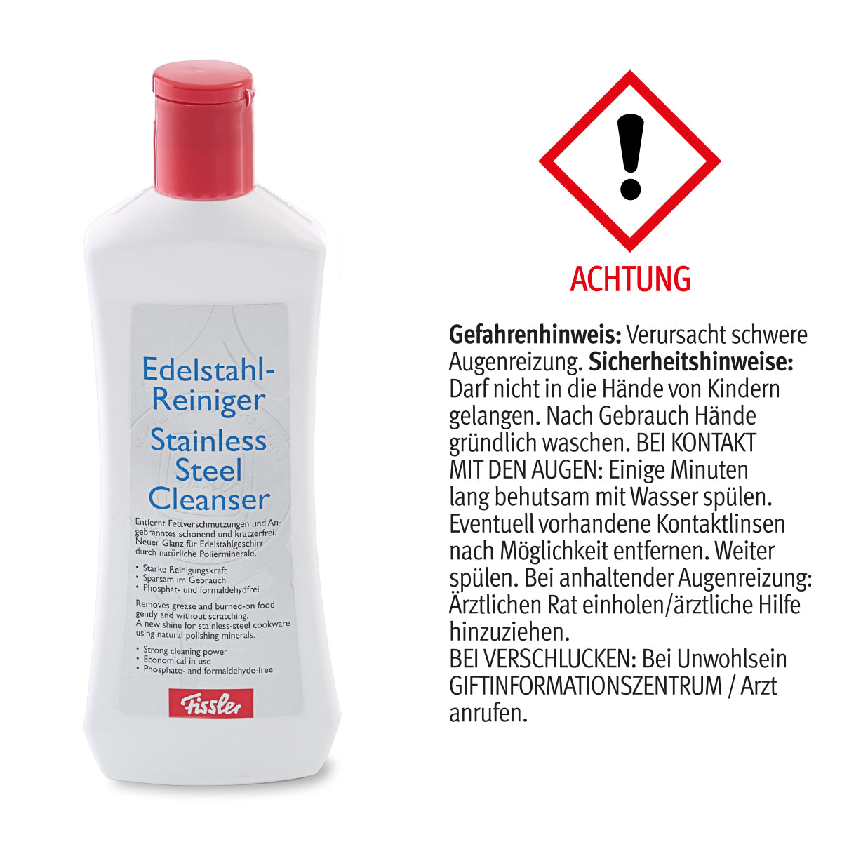 Fissler Edelstahl-Reiniger-Flasche mit deutsch/englischen Etiketten, Sicherheitssymbolen und klaren Gebrauchshinweisen - für die hochwertige Pflege von Kochgeschirr.