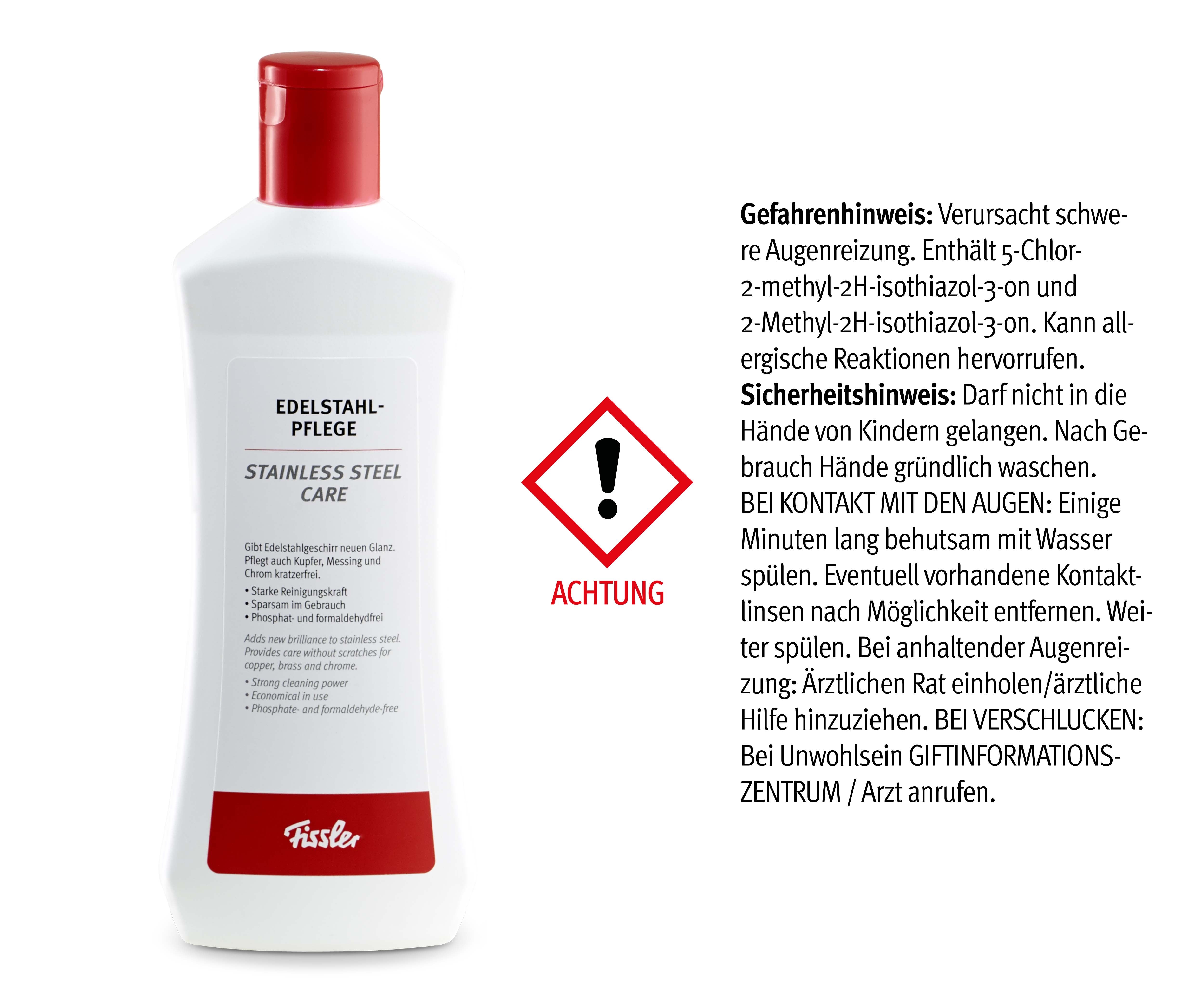 Fissler Edelstahl-Pflegeflasche mit ACHTUNG - Premium-Pflege für Edelstahl-Kochgeschirr, Haltbarkeit & Sicherheit von Fissler.