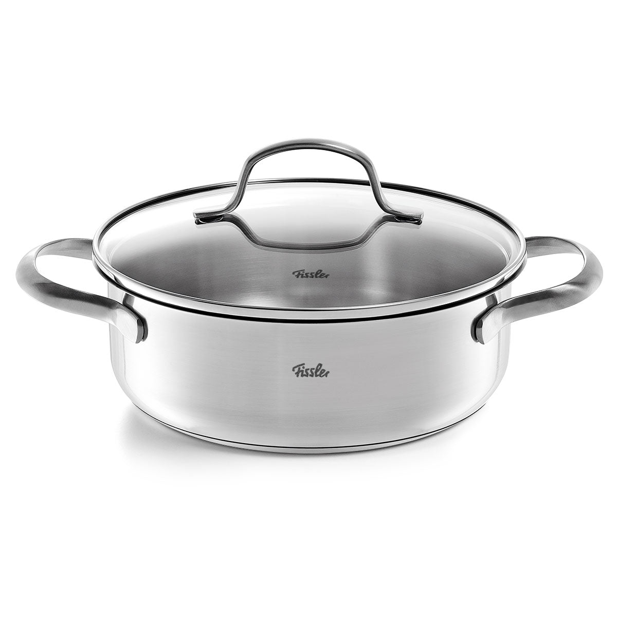 Fissler San Francisco Casserole Pot made from 18/10 Stainless Steel, with two handles, Glass Lid, suitable for induction, Fissler logo on pot & Lid.