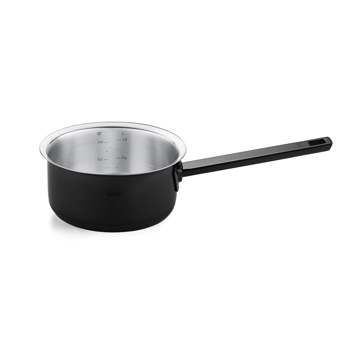 Fissler Original-Profi Collection® Shadowline black Cooking Pot with long handle, permanently silver PVD interior, on white background.