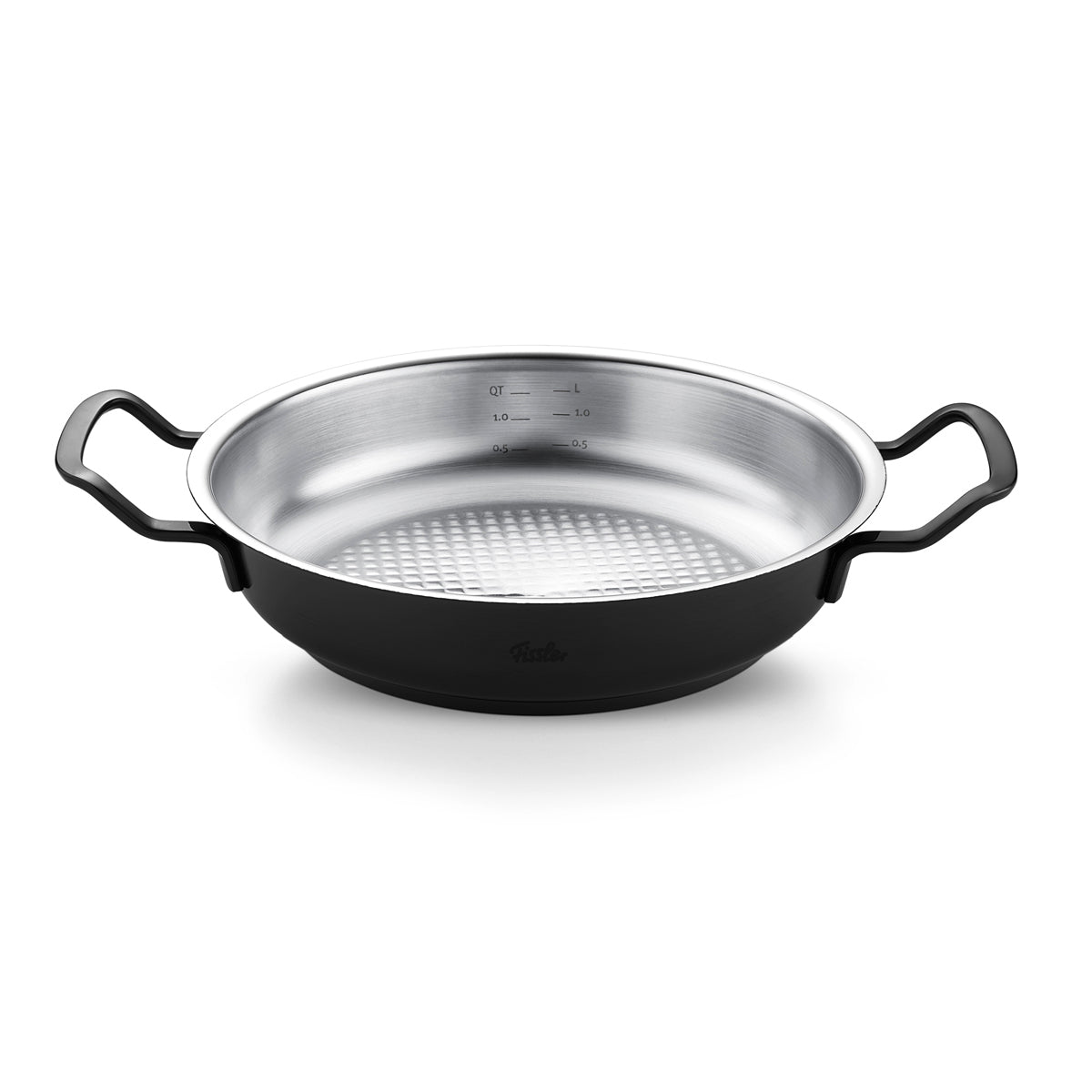 Fissler Shadowline Frying Pan: Premium stainless steel, matte black finish, PVD coating, two handles, interior markings - designed in Germany.