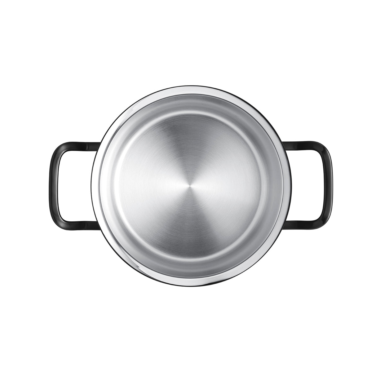Top view of the Fissler stainless steel pot with black handles, PVD coating, Original-Profi Collection®, on a white background.