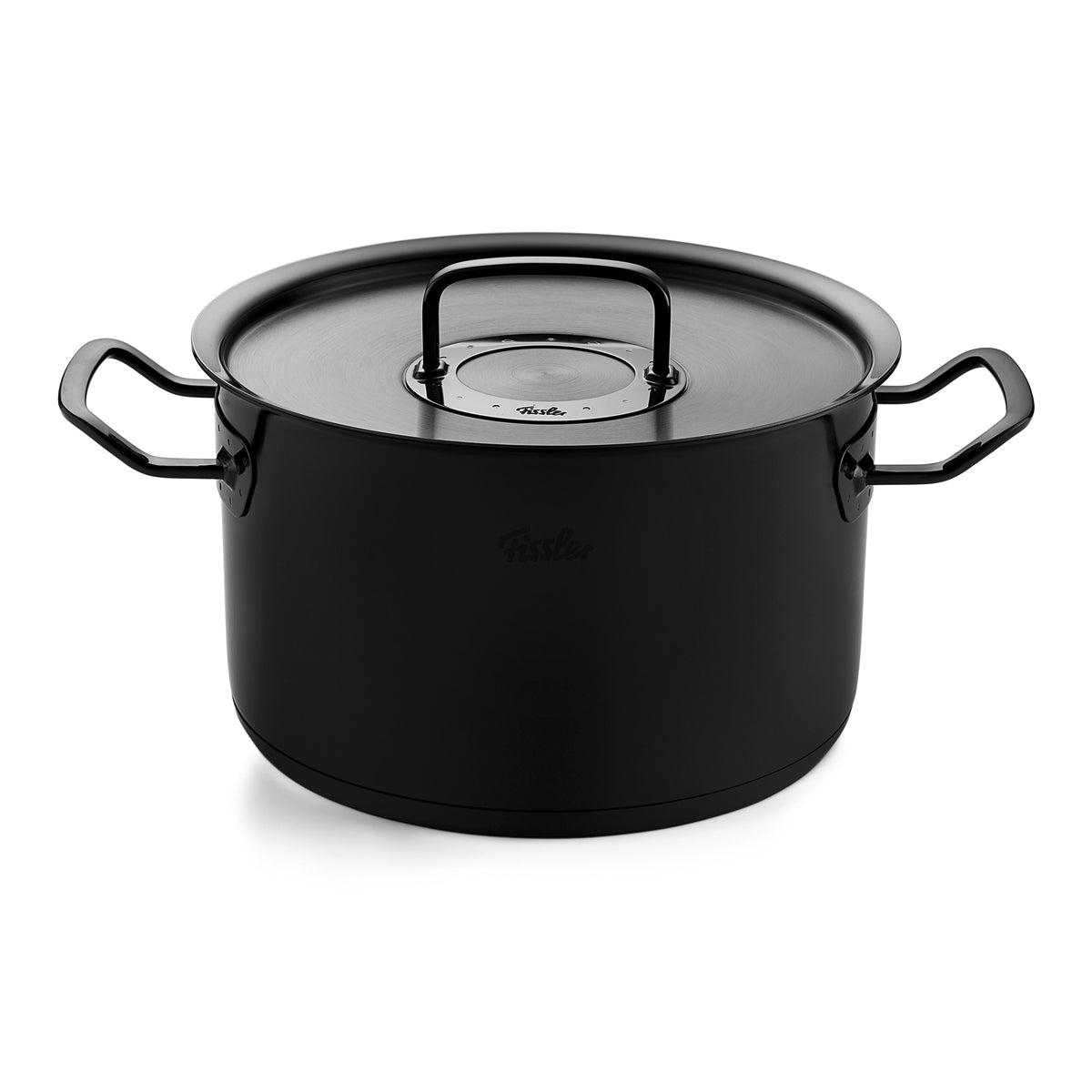 Original-Profi Collection® Shadowline black pot with metal handles and lid, precision-crafted in Germany, on a white background.