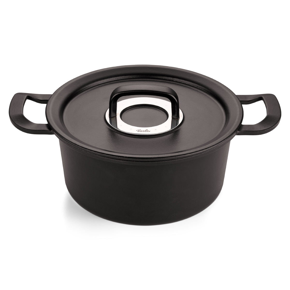 Fissler Original-Profi Collection® cast iron Cooking Pot in black with handles and Metal Lid, modernly styled on white.
