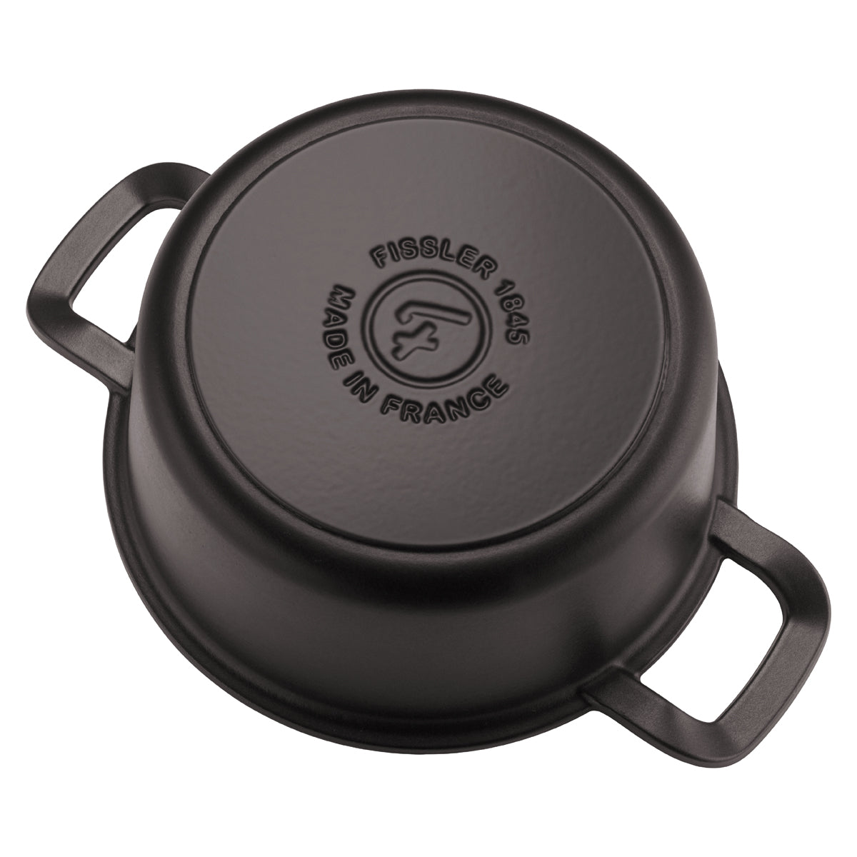 Upside down, the black Fissler cast iron Cooking Pot shows its embossed logo and side handles - precision craftsmanship from Germany.