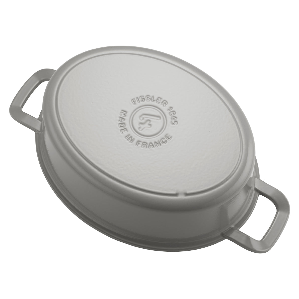 White, oval cast iron lid with two handles, embossed Fissler 1845 and logo; modern, durable design for the Original-Profi Collection® roaster.