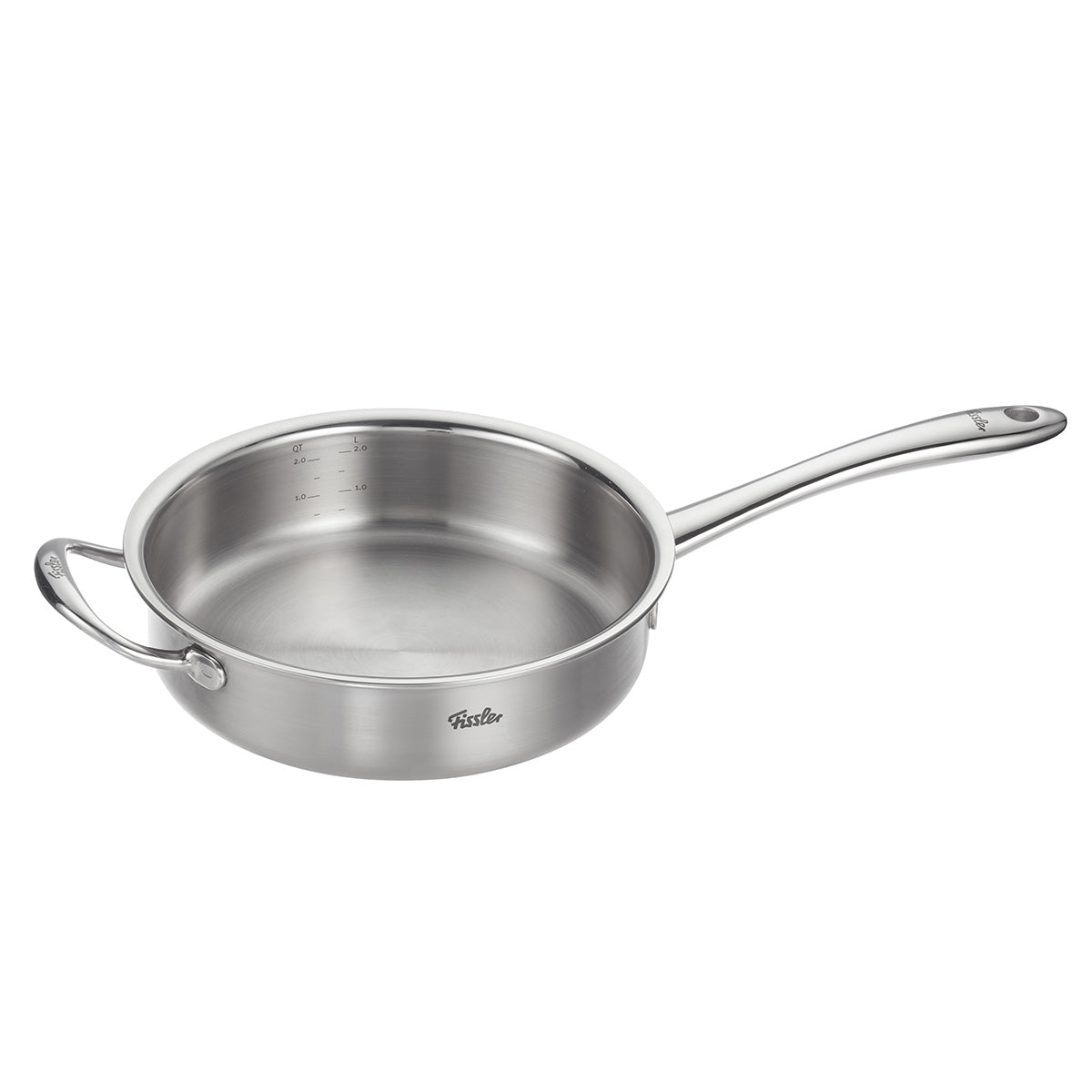 Fissler M5 Pro-Ply Sauté Pan made of recycled stainless steel, with lid, scale, handles. Modern design on a white background.