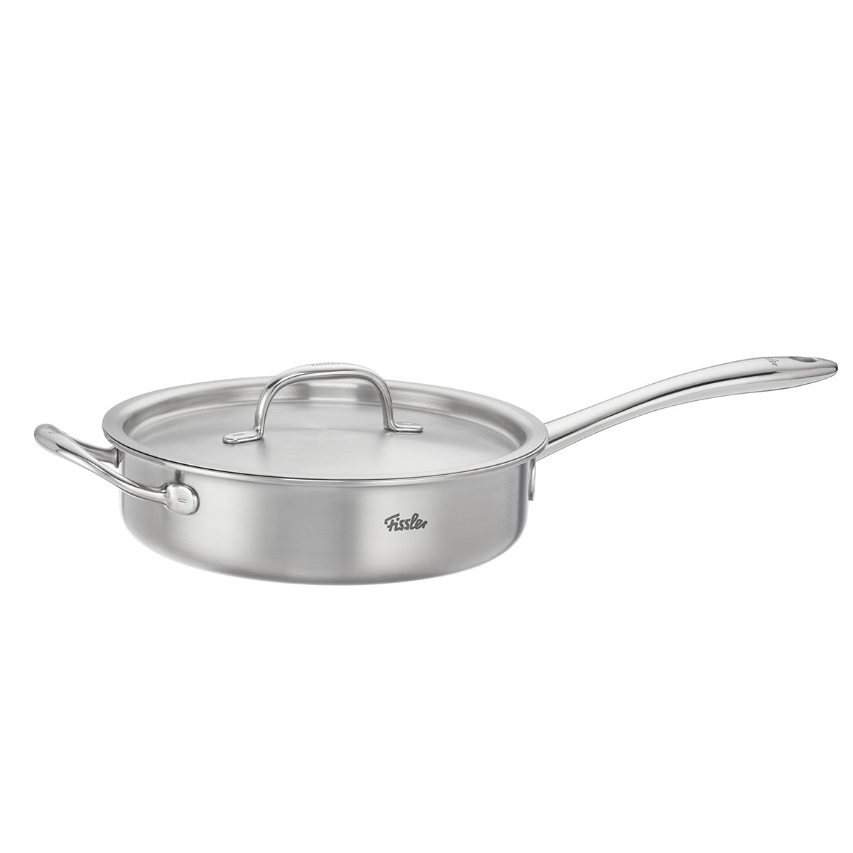 Fissler M5 Pro-Ply sauté pan with Metal Lid, made from recycled stainless steel, suitable for induction, smooth surface, iconic logo.