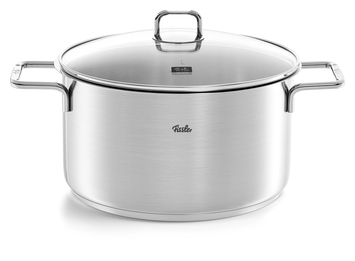 Fissler SatiTherm 5-piece stainless steel Cookware Set with glass lids, side handles, and visible logo. Suitable for induction. Made in Germany.