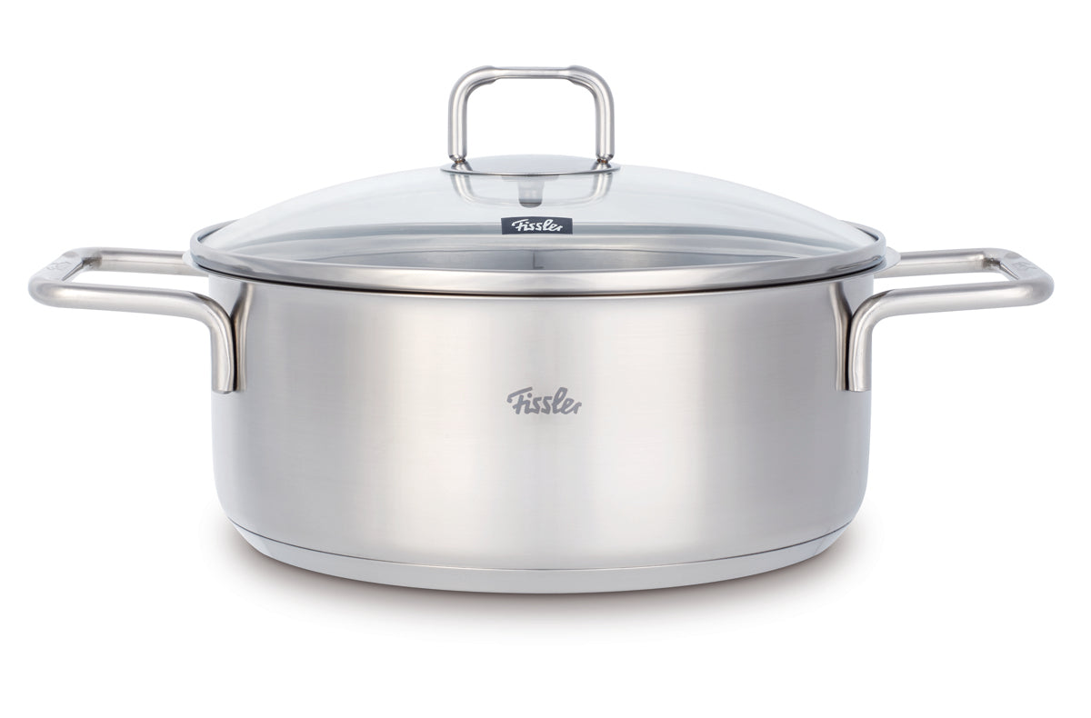 Fissler SatiTherm 5-piece Cookware Set: stainless steel, Glass Lid, two handles, Fissler logo - durable, suitable for induction, Made in Germany.