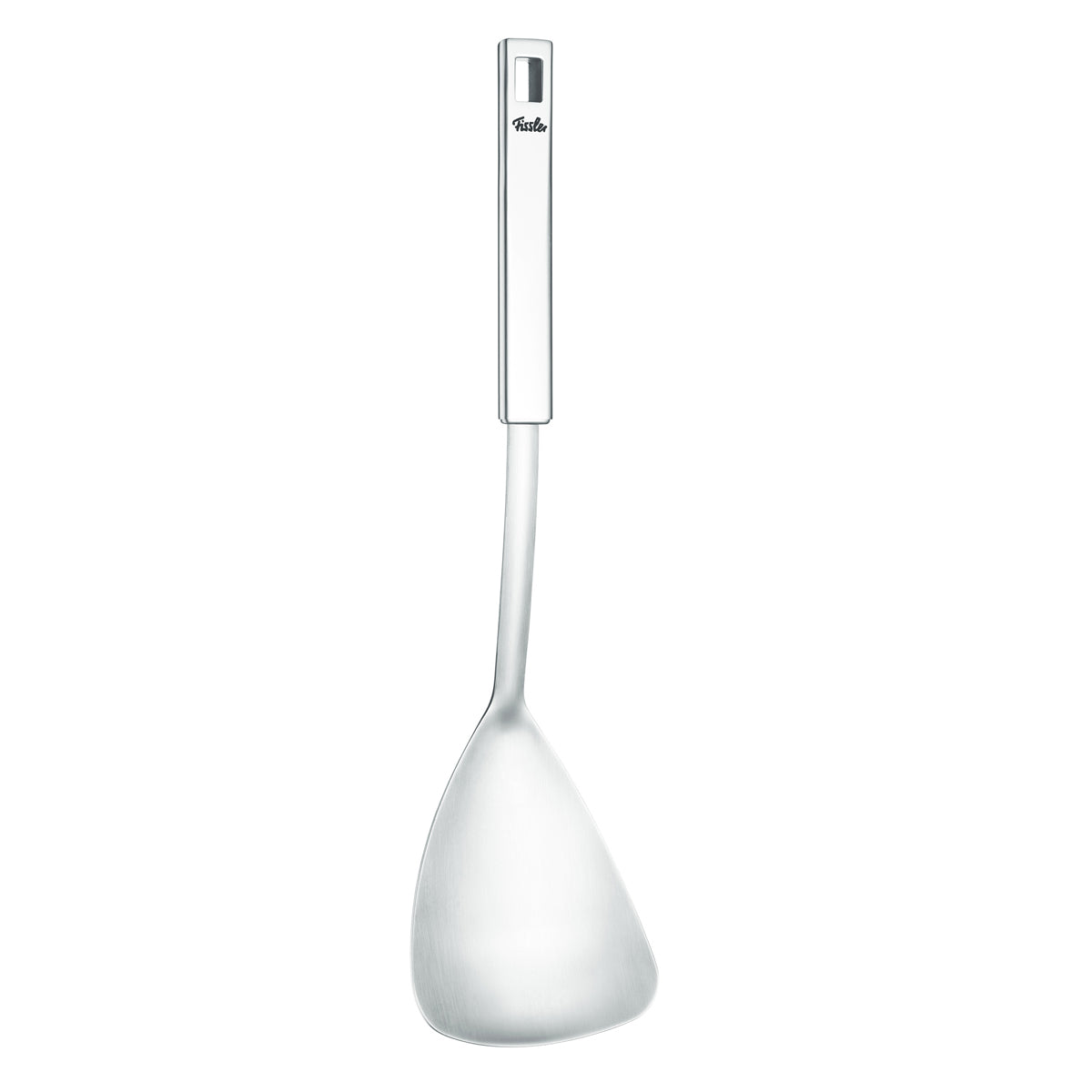 Fissler Original-Profi Collection® Wokwender aus 18/10-Edelstahl mit langem Griff und gebogener Klinge vor weißem Hintergrund.