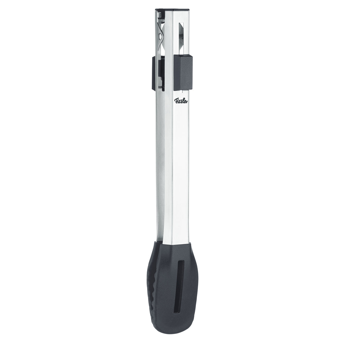 Fissler Original-Profi Collection® Zange aus Edelstahl 18/10 mit schwarzen Silikongriffen, geschlossen, auf weißem Grund.