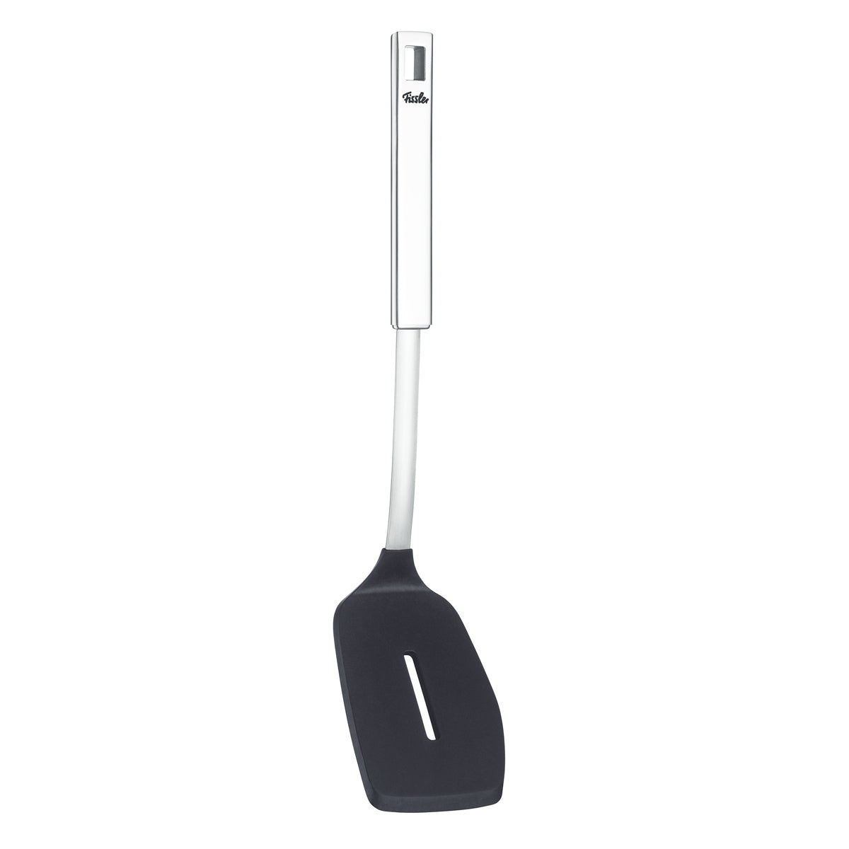 Fissler Original-Profi Collection® Schlitzspachtel mit schwarzem Silikonkopf und langem Edelstahlgriff; modernes, langlebiges Design.