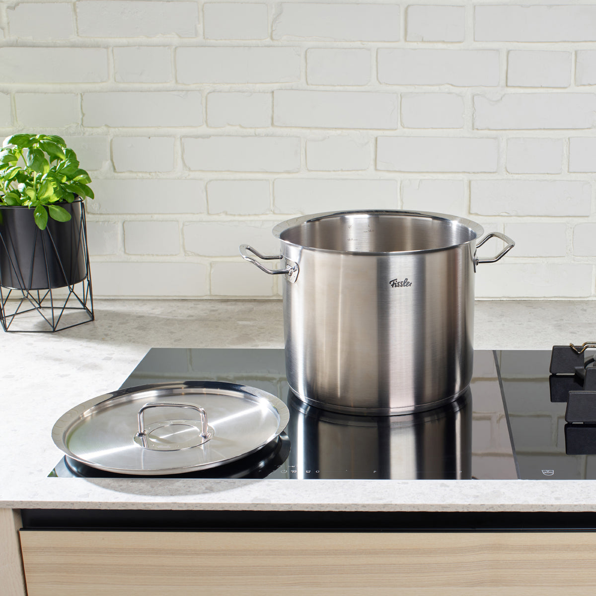 Original-Profi Collection® hoher Kochtopf mit Cookstar Allherdboden von Fissler auf modernem Herd, Basilikum im Hintergrund.
