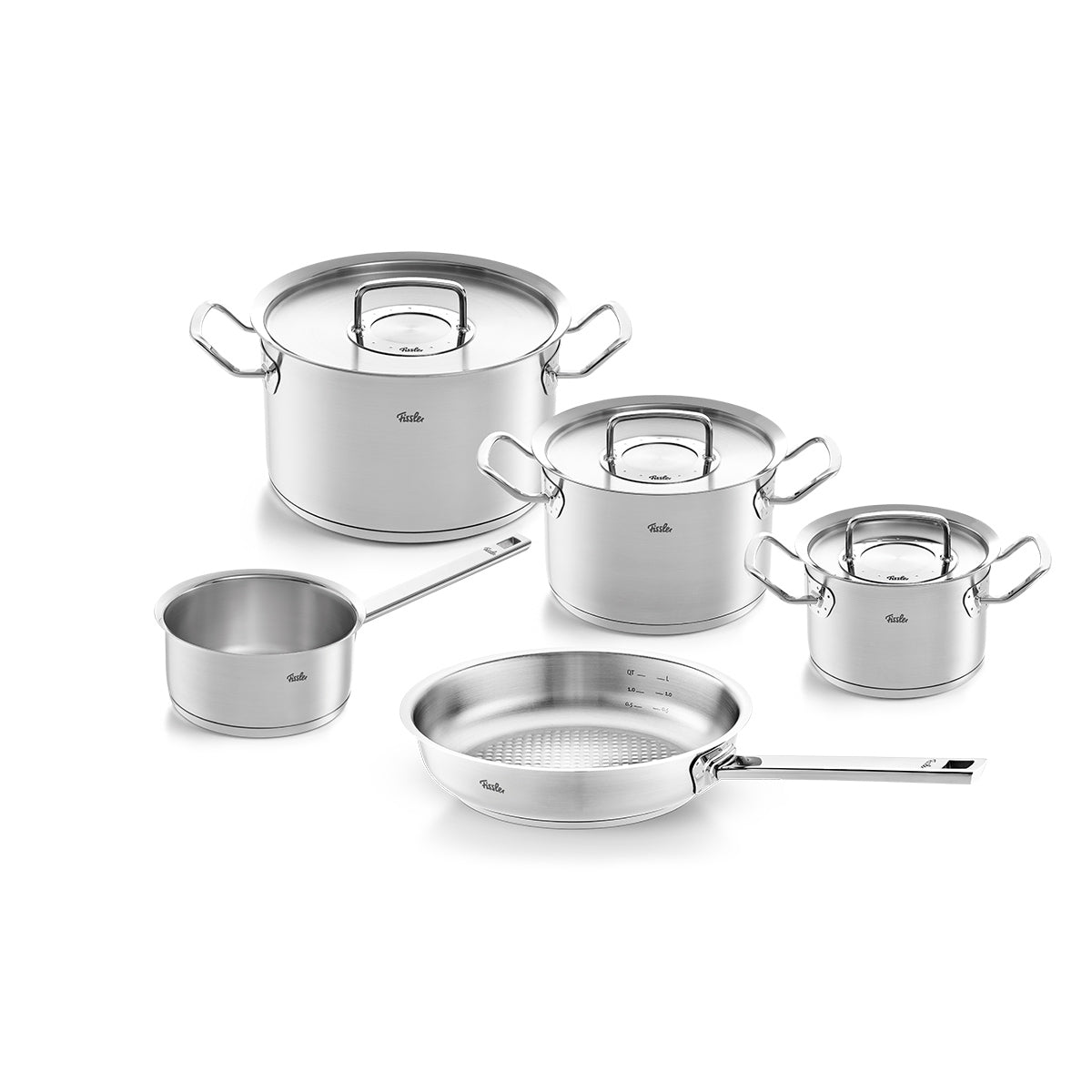 Fissler Original-Profi Collection® 5-piece stainless steel set with lids, saucepan, and frying pan on white, made in Germany.