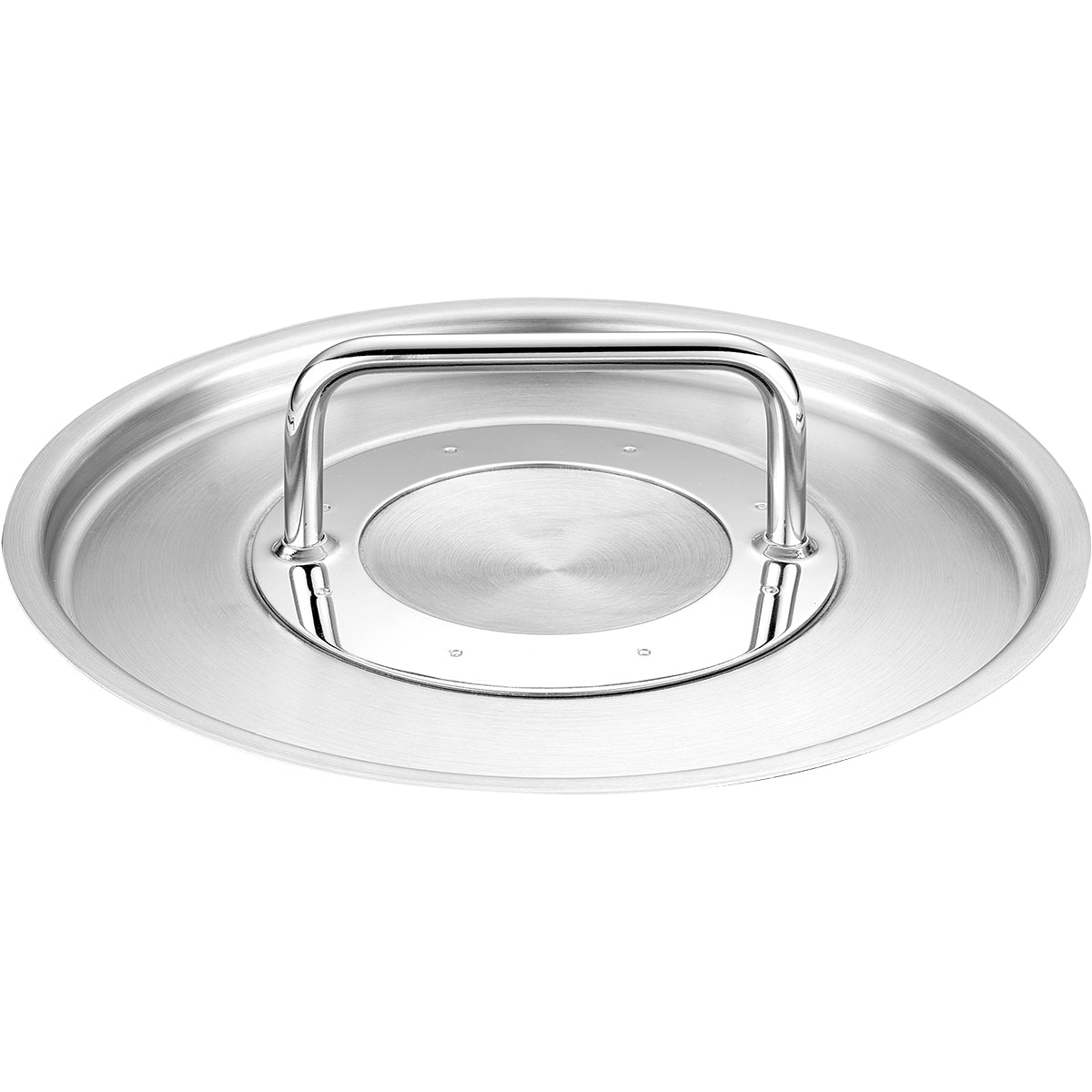 Fissler Pure Collection 16cm Edelstahldeckel, ergonomischer Griff, gebürstetes Finish - zeitloses deutsches Design, auf weißem Grund.