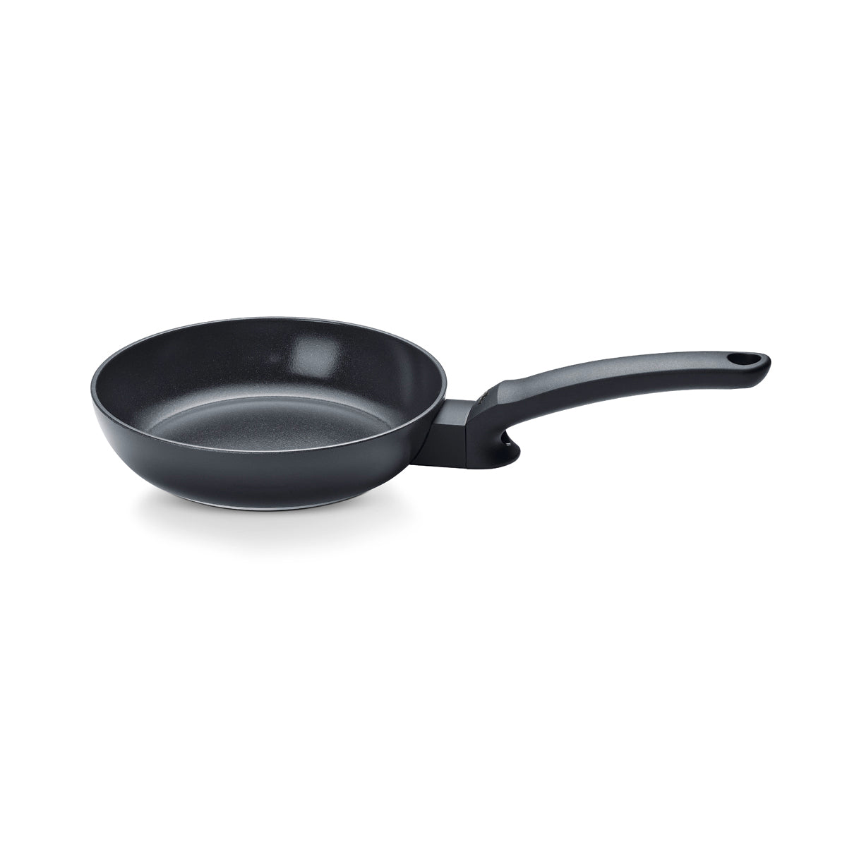 Ceratal® Evo Classic Frying Pan by Fissler-PFAS-free, made in Germany. Black frying pan with a long handle on the right, on a white background.