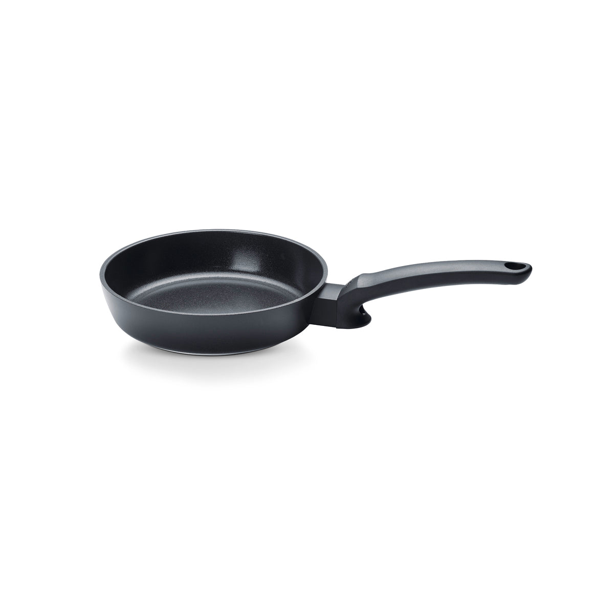 Fissler Ceratal® Evo Comfort Pan, black with a long handle and ceramic coating, on white. German-made quality since 1845.