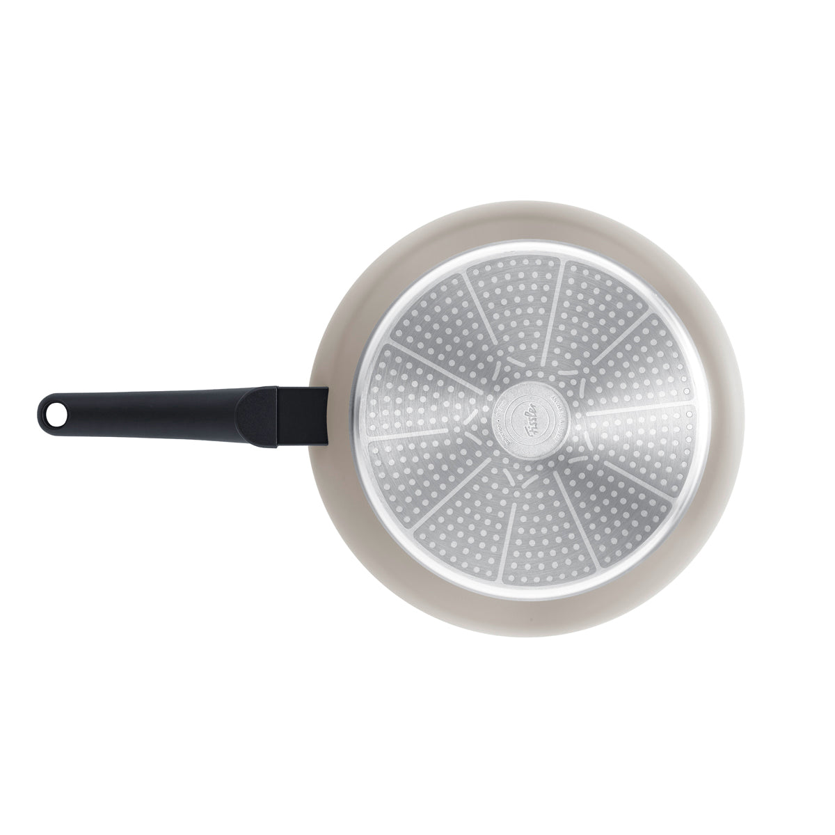 Top-down view of Fissler Ceratal® Evo Comfort pan set; textured silver base, black handle—precision-crafted "Made in Germany" quality.