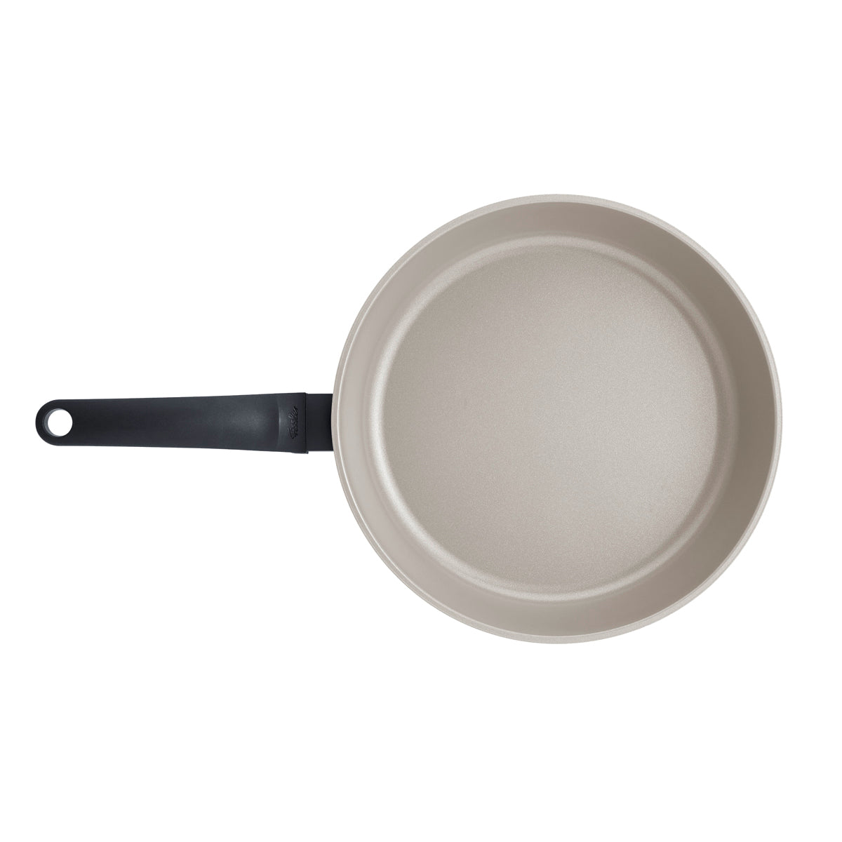 Top view of the 2-piece Fissler Ceratal® Evo Classic frying pan set, beige with black handles, ceramic coating, on a white background.
