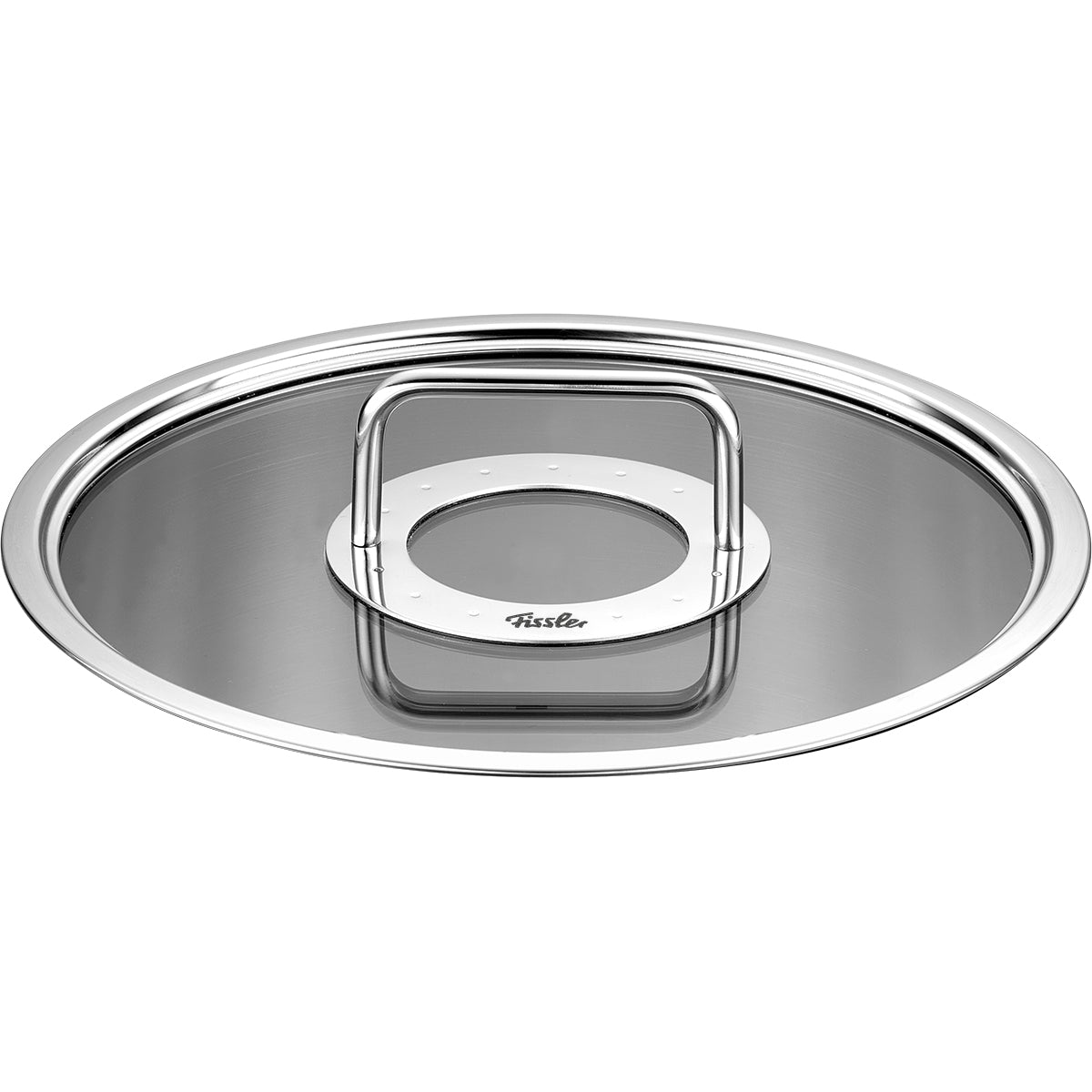Fissler Adamant® Glasdeckel 28 cm: moderner Glasdeckel, Edelstahlrand, ergonomischer Griff, Logo, langlebig und spülmaschinenfest.
