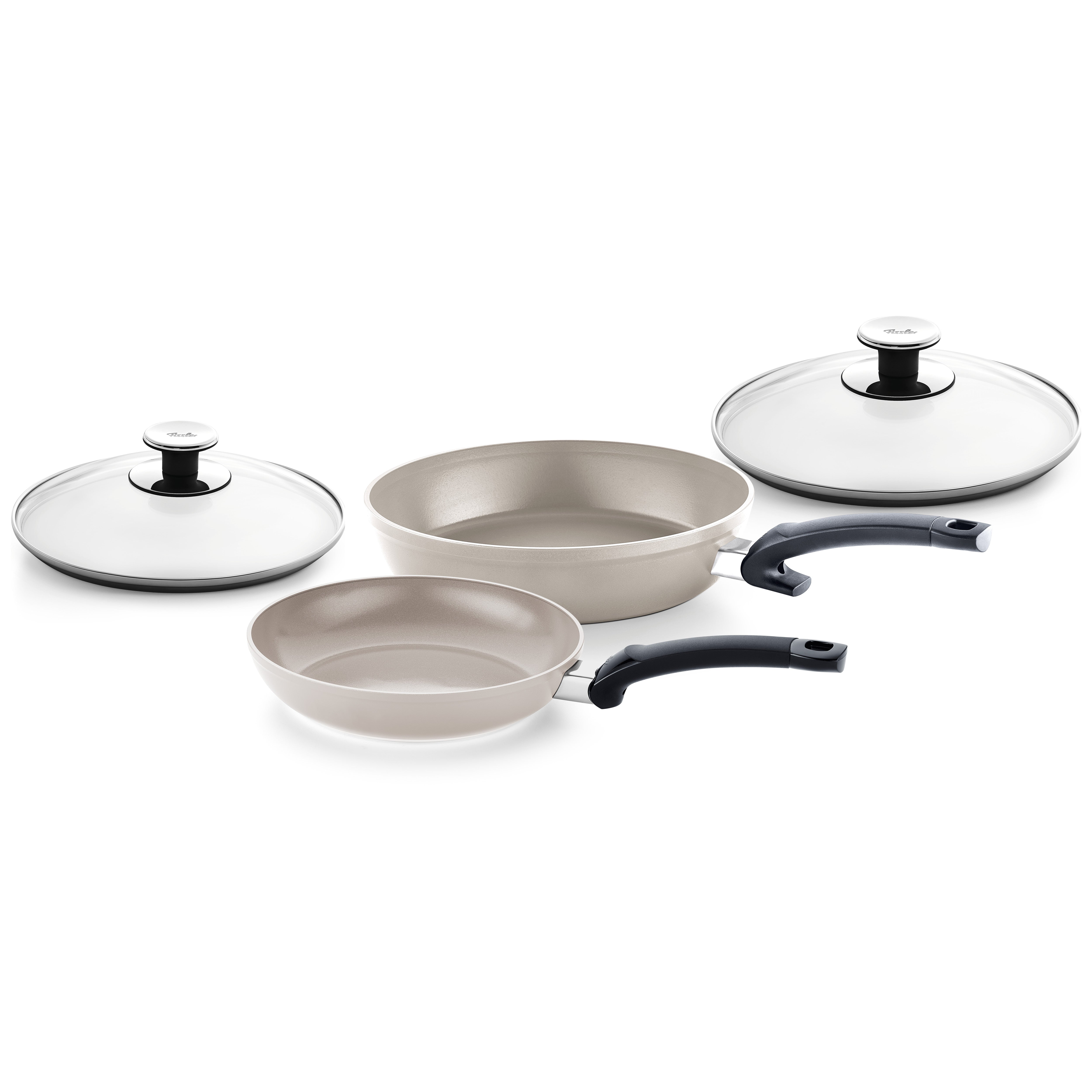 Fissler Ceratal® 2-teiliges beiges Pfannenset (28 cm & 24 cm) PTFE-frei, Glasdeckel, schwarze Griffe - Präzision "Made in Germany".