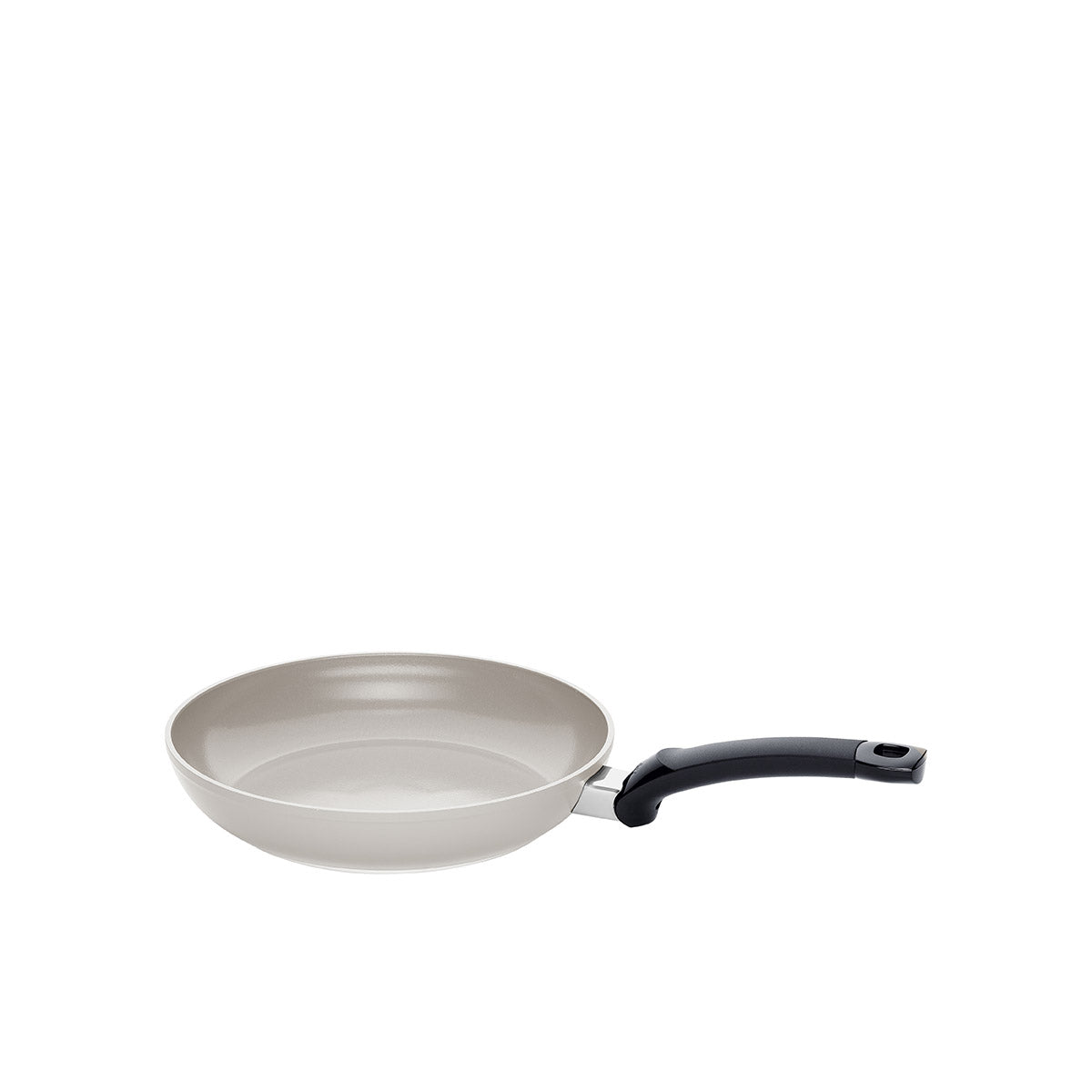 Fissler Ceratal® Classic Frying Pan: Made in Germany non-stick frying pan made from PTFE-free ceramic, light grey surface, black handle, on a white background.