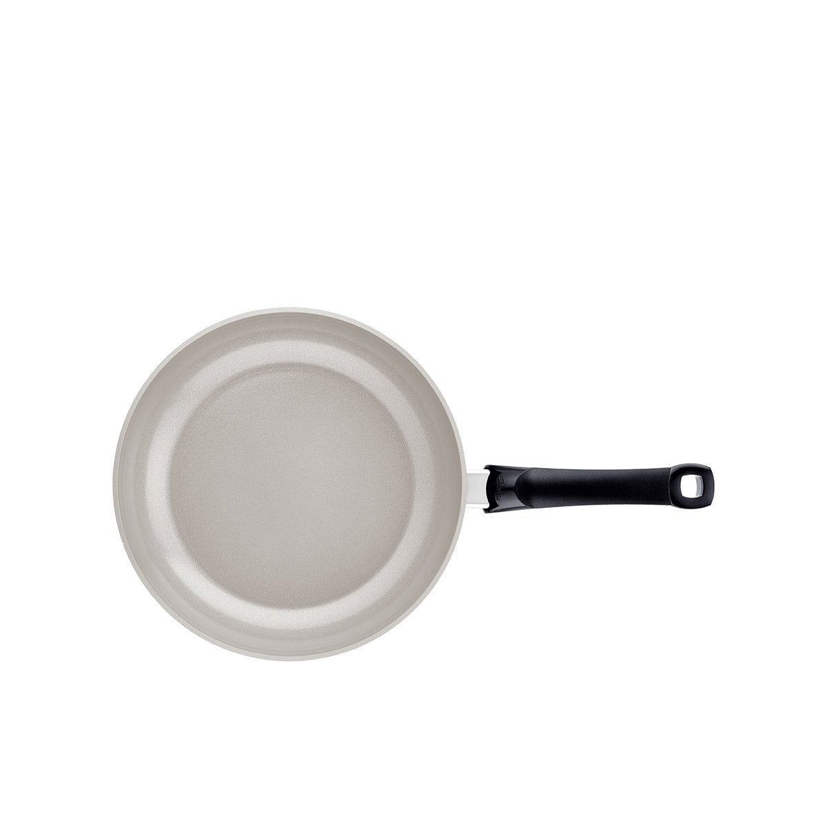 Top view of a Fissler Ceratal® Classic ceramic pan with a black handle, showcasing German engineering quality on a white background.