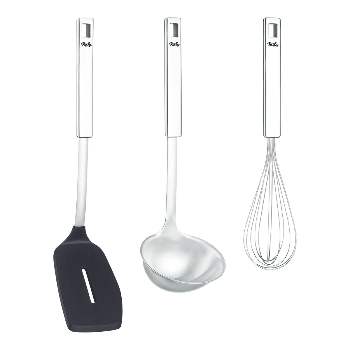 Fissler Original-Profi Collection® Set: Pfannenwender, Schöpfkelle und Schneebesen mit schlanken, ergonomischen Griffen aus Edelstahl.