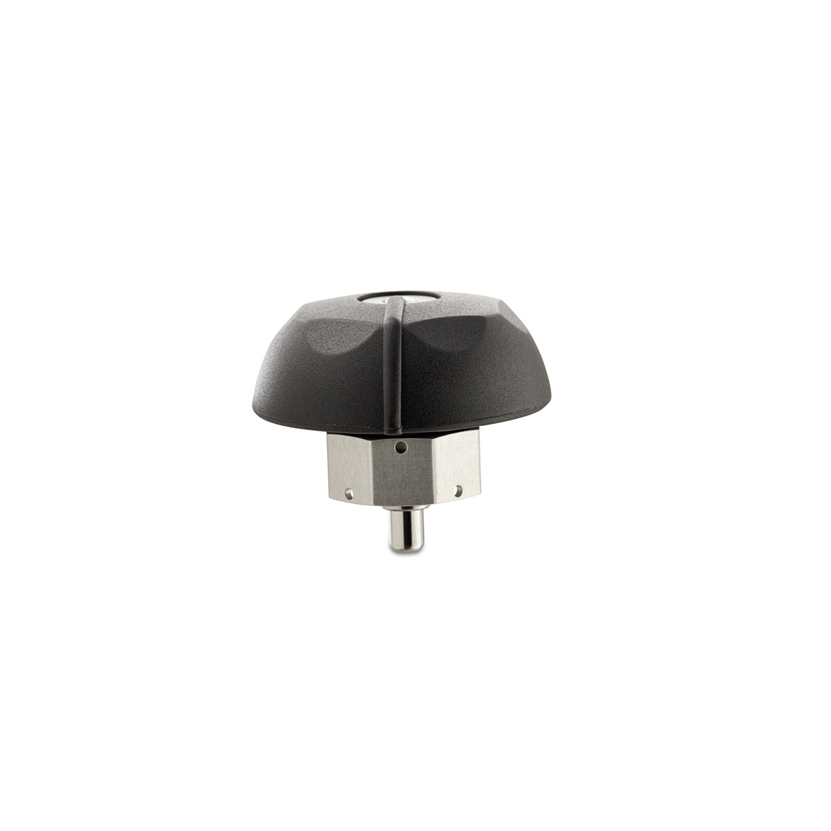 Hochwertiger Fissler Vitavit® Royal-Drehknopf, schwarz-silberne Oberfläche, entwickelt für Präzision und Langlebigkeit. Weißer Hintergrund.