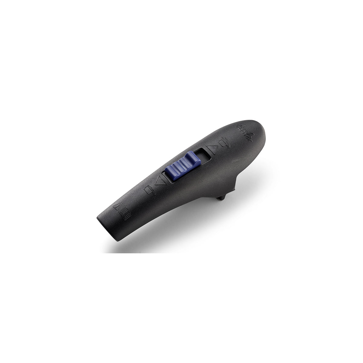 Fissler Blue Point Steuerhebel: schwarz, mit blauem Schieber und geprägten Symbolen. Modernes, funktionales Design auf weißem Hintergrund.