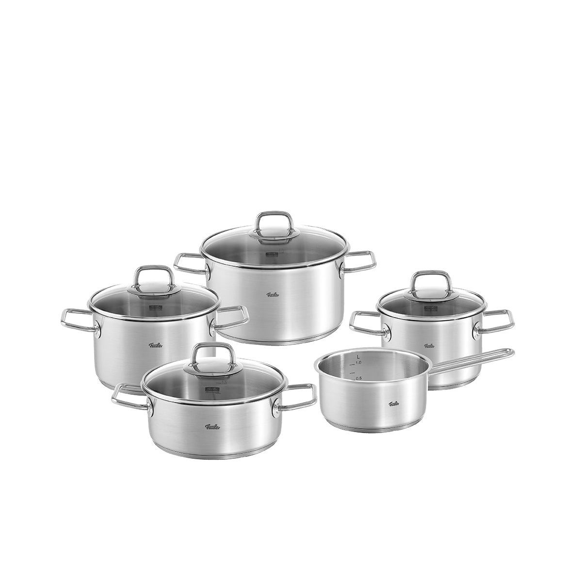 Fissler Viseo® 5-teiliges Edelstahl-Topfset mit Glasdeckeln, Doppelgriffen, induktionsgeeignet. Präzision "Made in Germany".