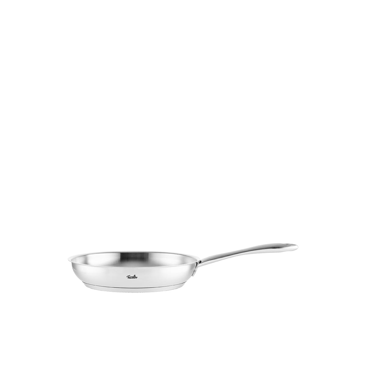 Side view of the 2-piece Fissler Catania pan set (24 and 28 cm) made of high-quality stainless steel with long handles on a white background.