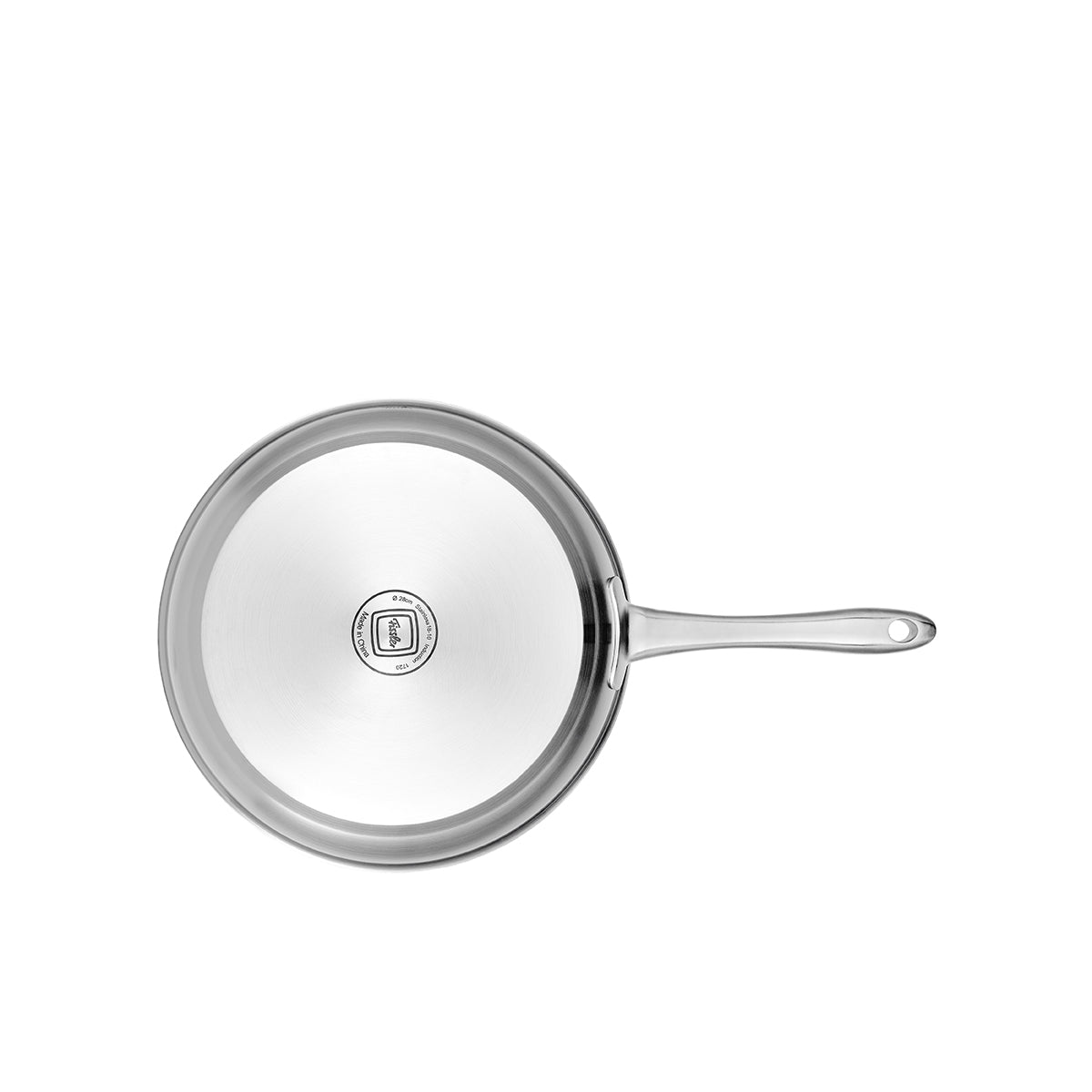 Draufsicht on the 2-piece Frying Pan Set "Catania" from Fissler: high-quality stainless steel, long handle, elegant finish, distinctive logo on the base.