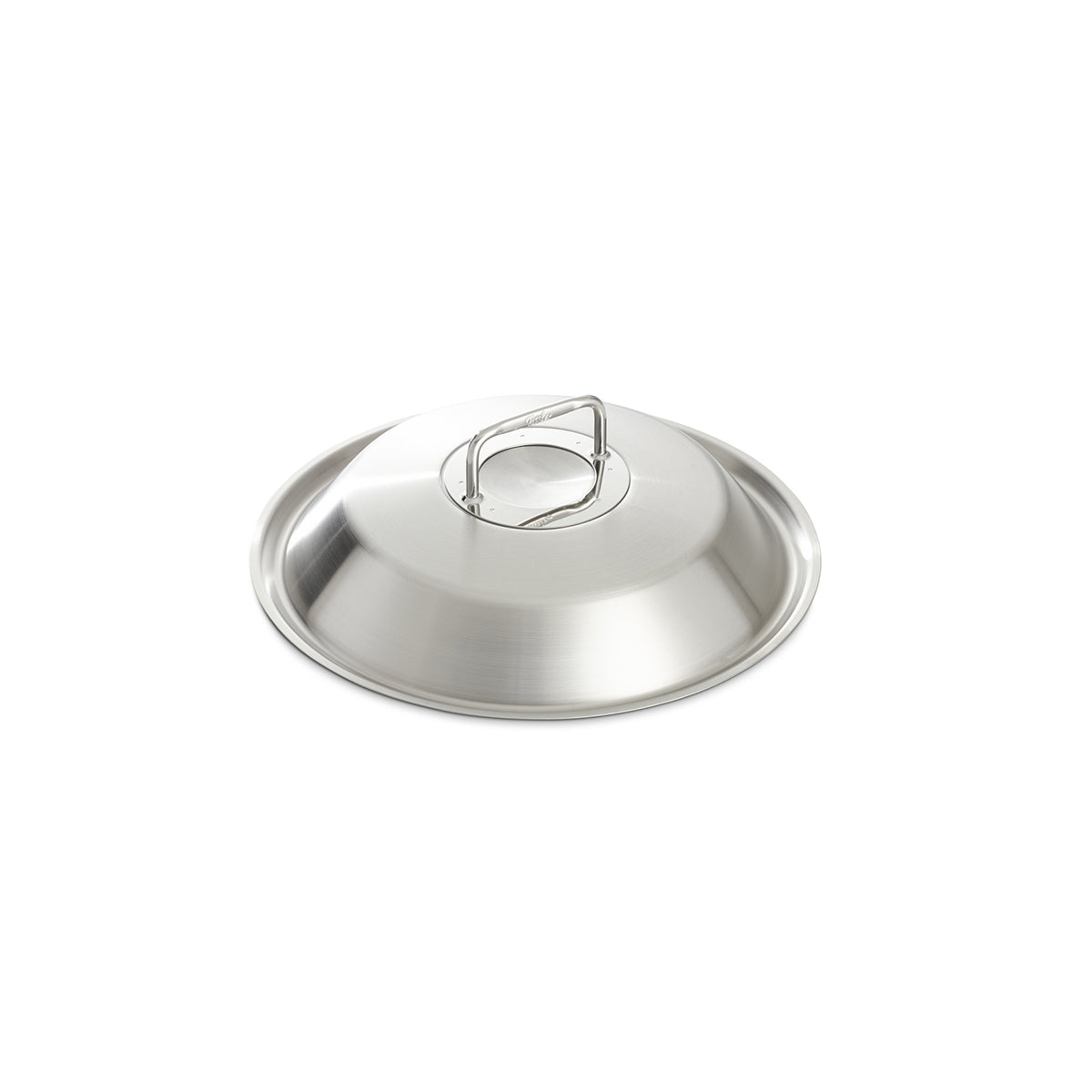 Fissler Luno® Wok Metalldeckel 30 cm-Premium-Edelstahldeckel mit flachem Griff, abgebildet auf weißem Hintergrund. Hergestellt in Deutschland.