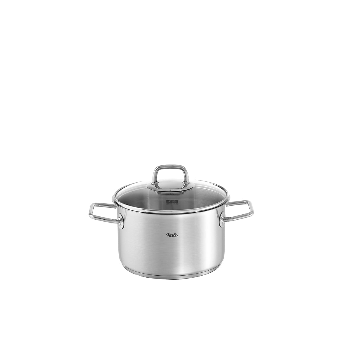 Fissler Viseo® Kochtopf - moderner Edelstahltopf mit Glasdeckel und Seitengriffen, induktionsgeeignet, auf weißem Grund.