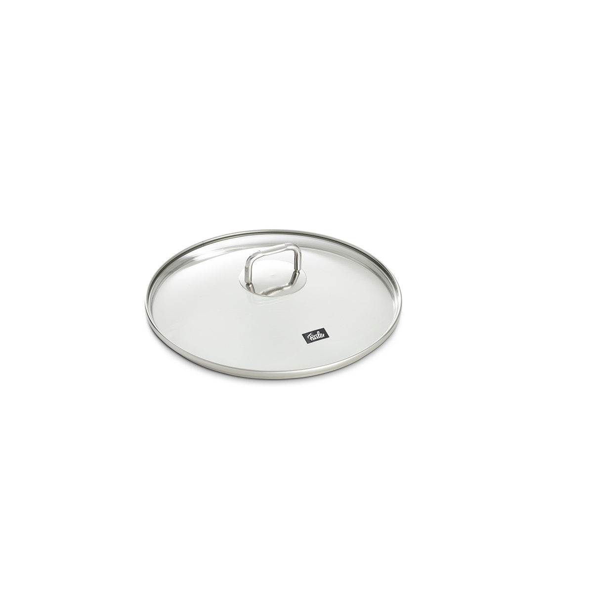 Der Fissler Hamburg Glasdeckel 16 cm, mit einem eleganten Metallgriff, zeigt modernes deutsches Design und Langlebigkeit auf weißem Hintergrund.