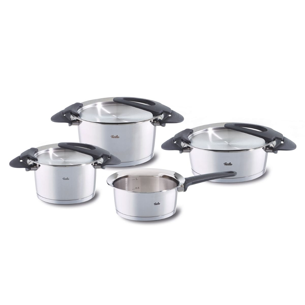 Fissler Intensa® 4-piece set: three recycled stainless steel pots with Lid, one Saucepan, black handles, signature timeless design.