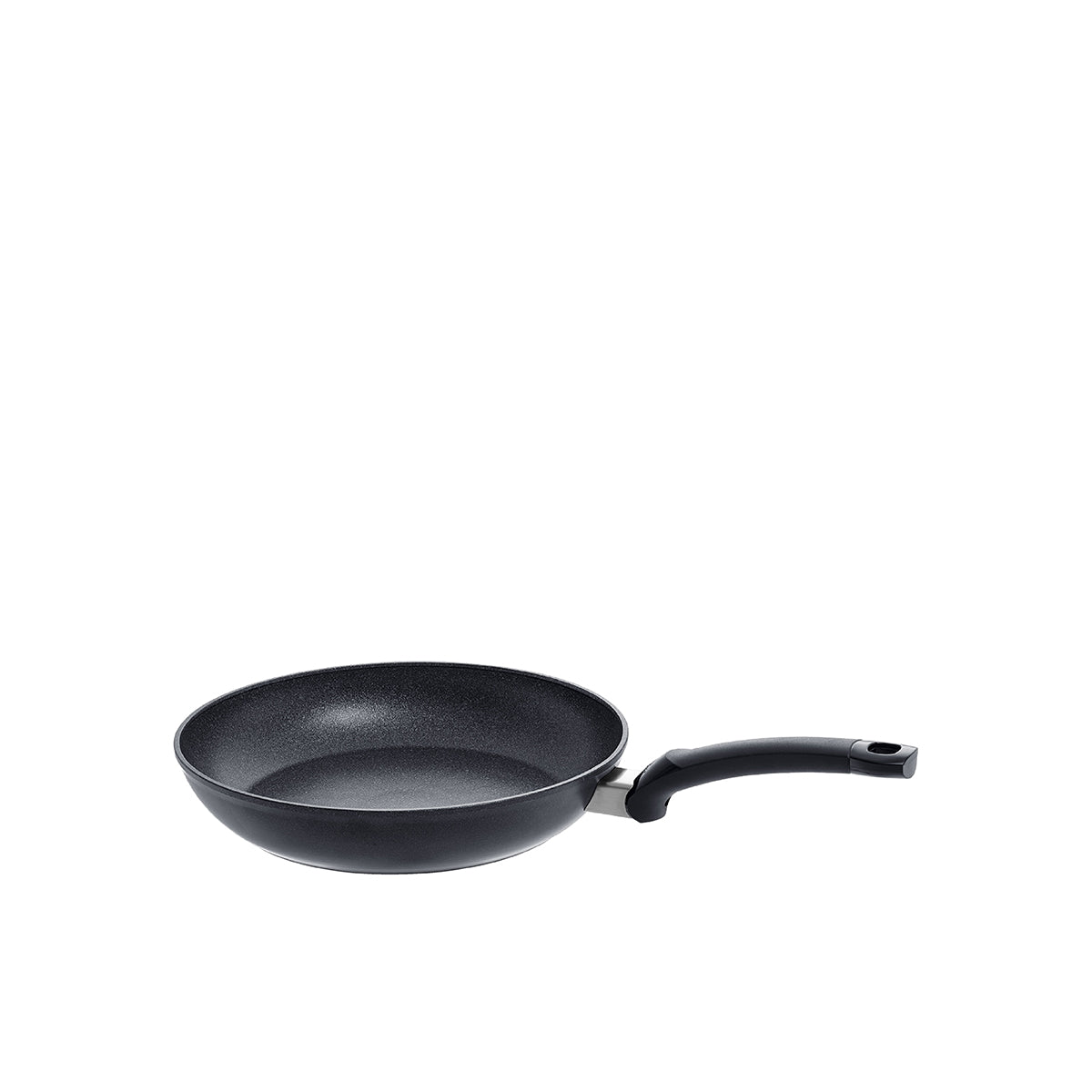 Fissler Adamant® Classic black frying pan with scratch-resistant coating and ergonomic handle, embodying German precision on a white background.