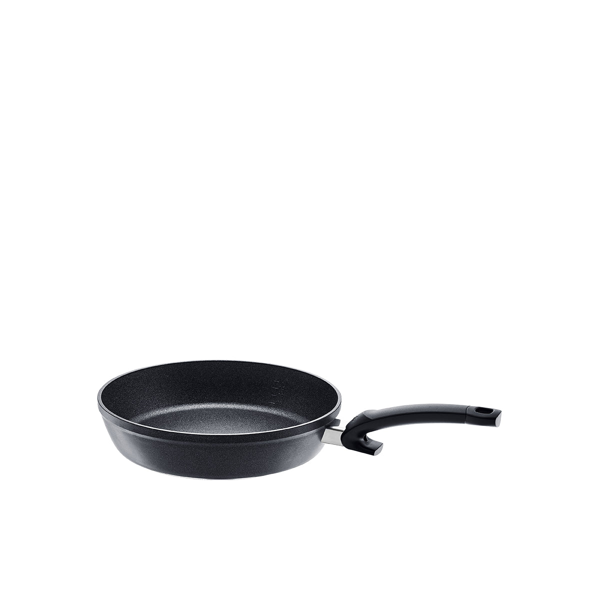 The Fissler Adamant® Comfort Frying Pan in elegant black with an ergonomic handle showcases modern German craftsmanship on a white background.