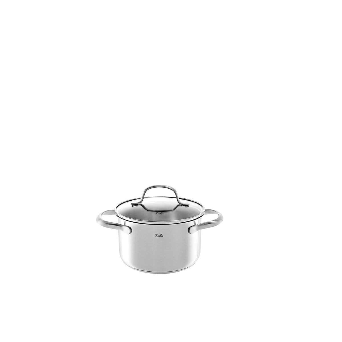 Fissler San Francisco Cooking Pot made of 18/10 Stainless Steel, with measuring scale, Lid and handles - functional & timeless on a white background.