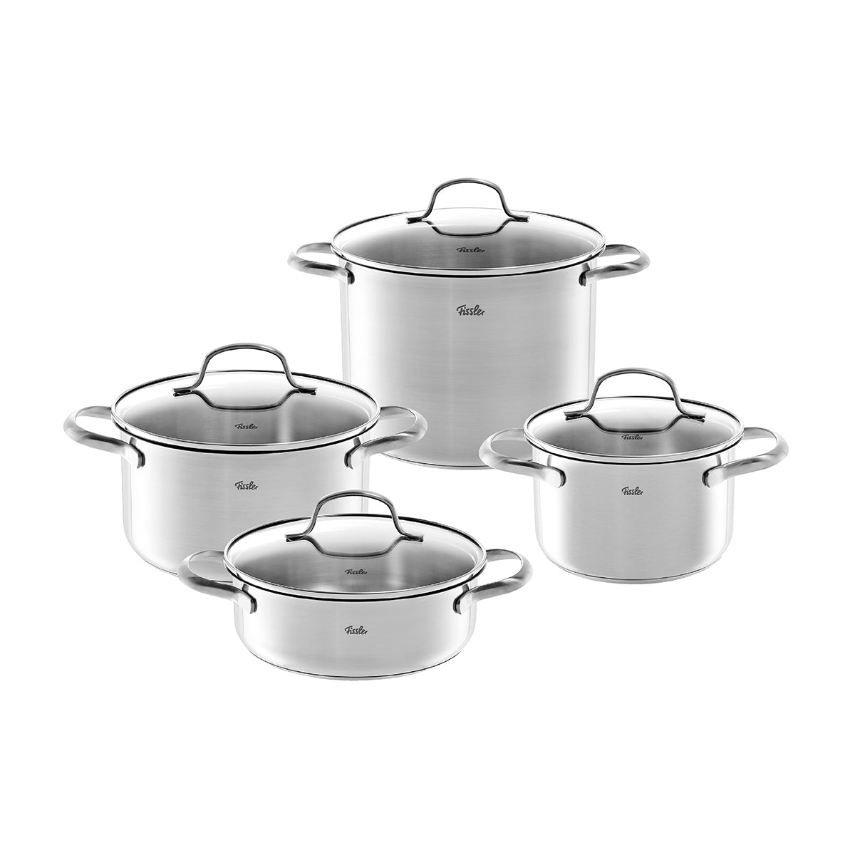 Das Fissler San Francisco Topf-Set: vier Induktionstöpfe mit Deckel aus deutscher Produktion, Edelstahl, superthermischer Boden, auf weißem Grund.