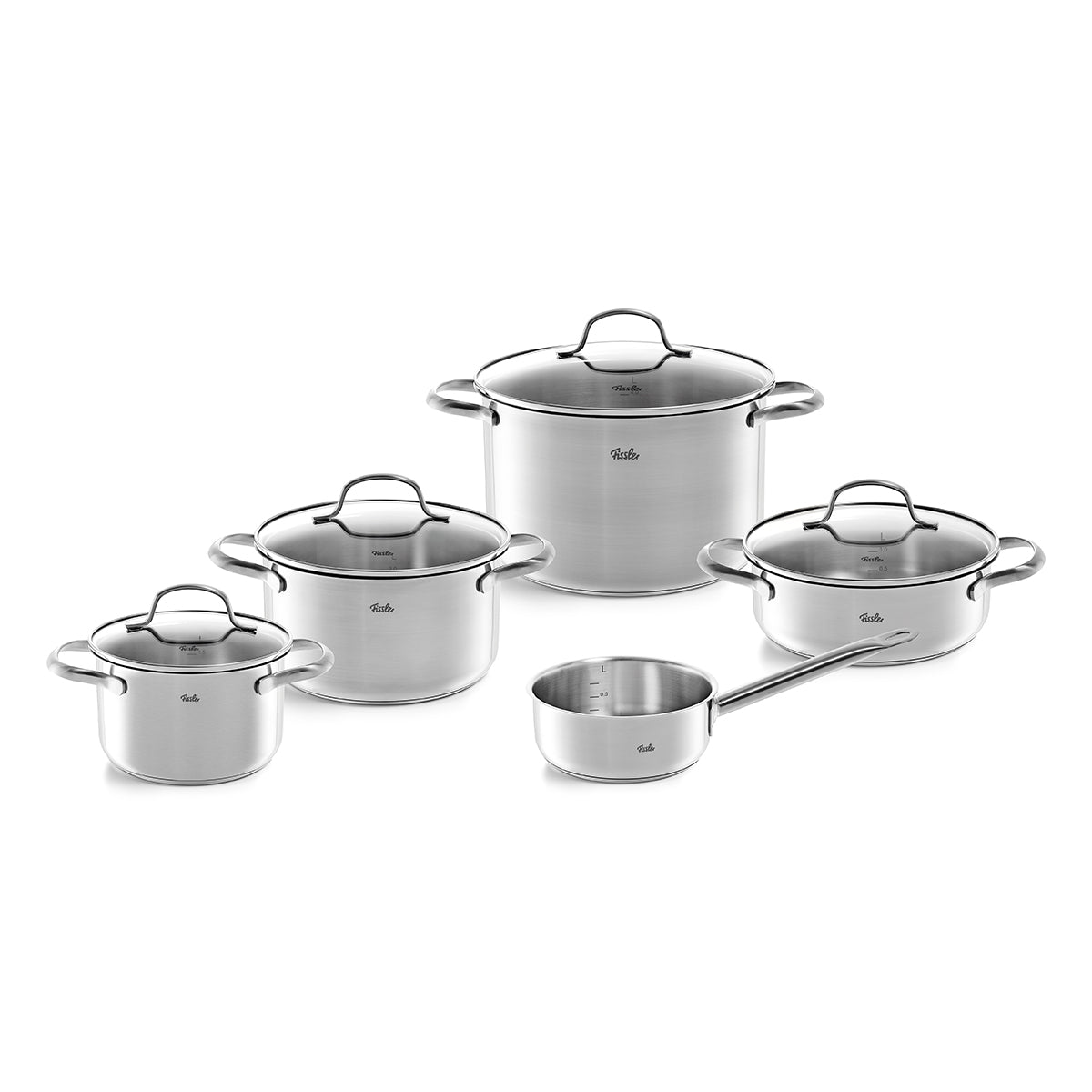 Fissler San Francisco Topf-Set: fünf hochwertige Edelstahltöpfe mit superthermischen Böden, hergestellt in Deutschland, auf weißem Grund.