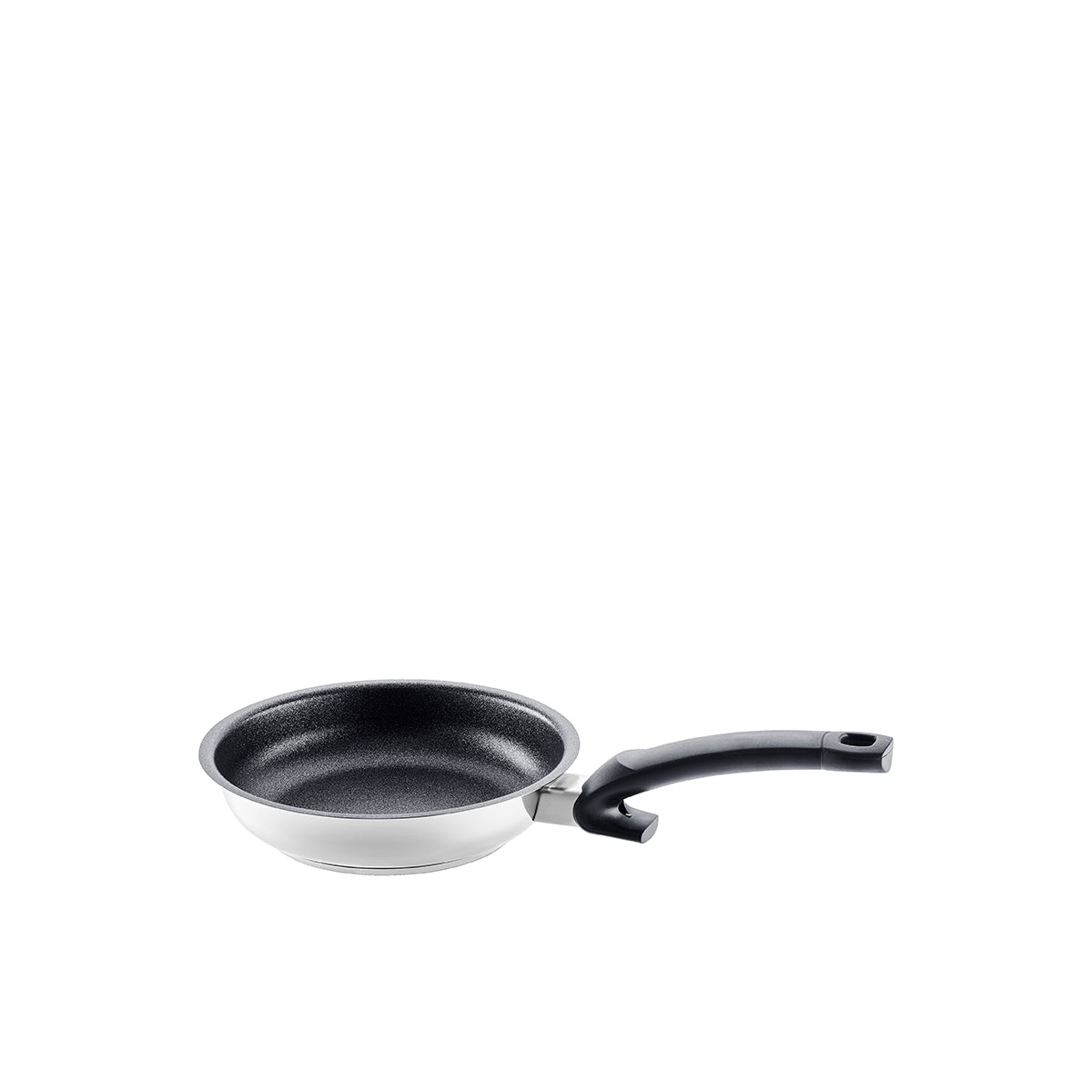 Die Fissler Adamant® Premium Frying Pan with scratch-resistant Non-Stick Coating and 18/10 Stainless Steel base, right handle, on white.