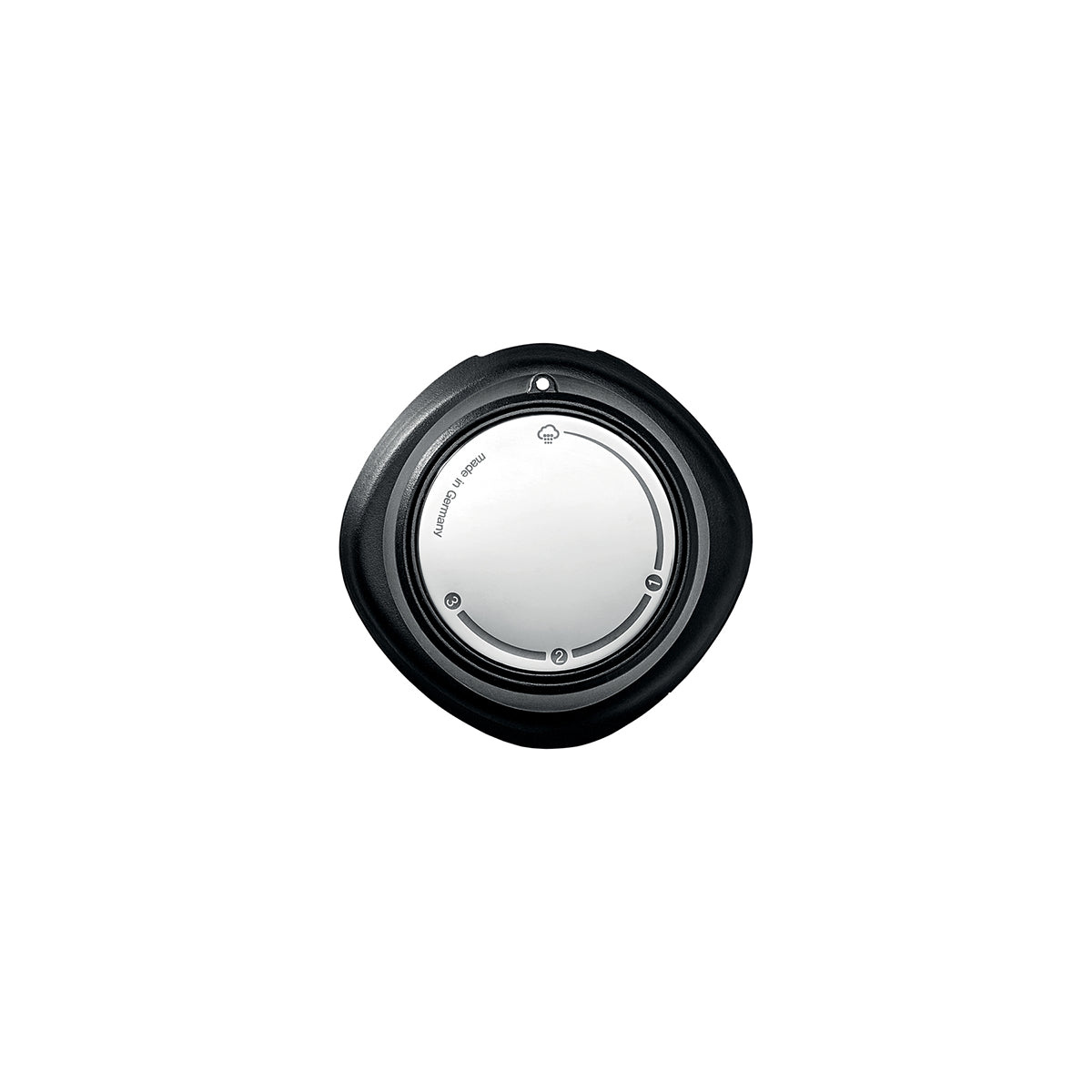 Ein rundes, silberfarbenes Druckventil für die Küche mit Präzisionsschrauben und glatter Oberfläche, das an das ikonische Vitavit®-Design von Fissler erinnert.