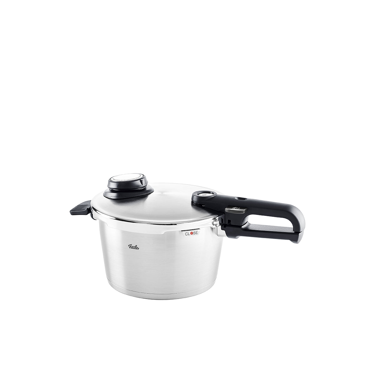 Fissler Vitavit® Premium 3-piece Pressure Cooker Set, 18/10 Stainless Steel, Made in Germany. Precision lid, valve, black handle.