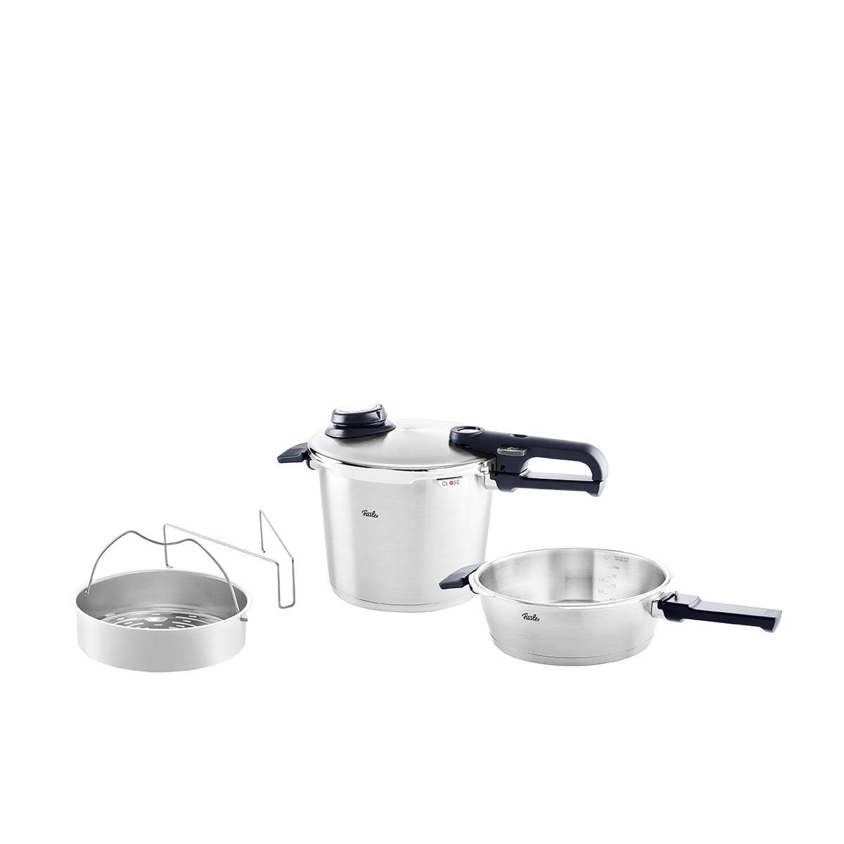 Das Fissler Vitavit® Premium Set: 2,5-l Schnellbratpfanne, 6-l Schnellkochtopf, Dampfrost & Ständer - Made in Germany.